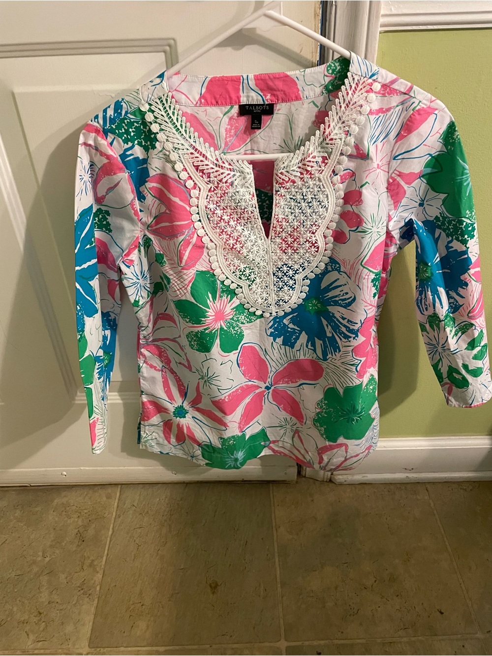 Talbots womens Floral Lace-Trim Tunic in Pink, Green & Blue
